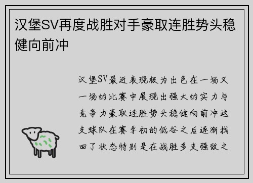 汉堡SV再度战胜对手豪取连胜势头稳健向前冲
