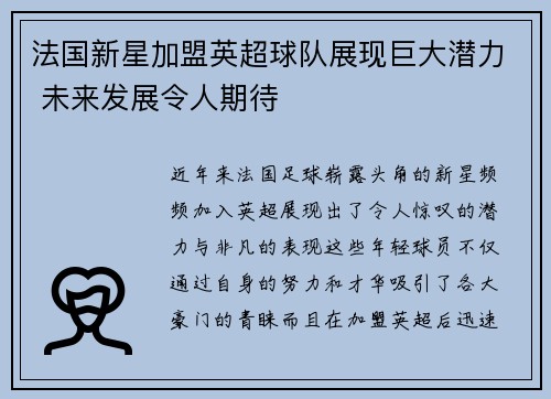 法国新星加盟英超球队展现巨大潜力 未来发展令人期待