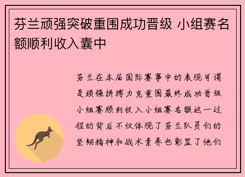 芬兰顽强突破重围成功晋级 小组赛名额顺利收入囊中