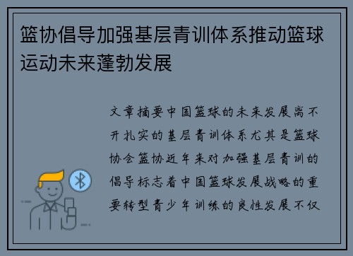 篮协倡导加强基层青训体系推动篮球运动未来蓬勃发展
